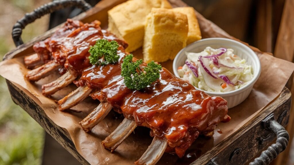 Smoky BBQ boar ribs served with coleslaw and cornbread on a rustic wooden tray. game meat recpes