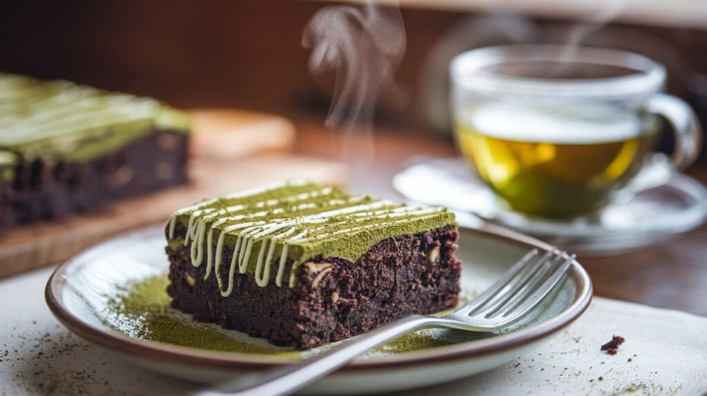 "Single matcha brownie drizzled with white chocolate, dusted with matcha powder, served on a ceramic plate with a fork and a steaming cup of green tea in the background."