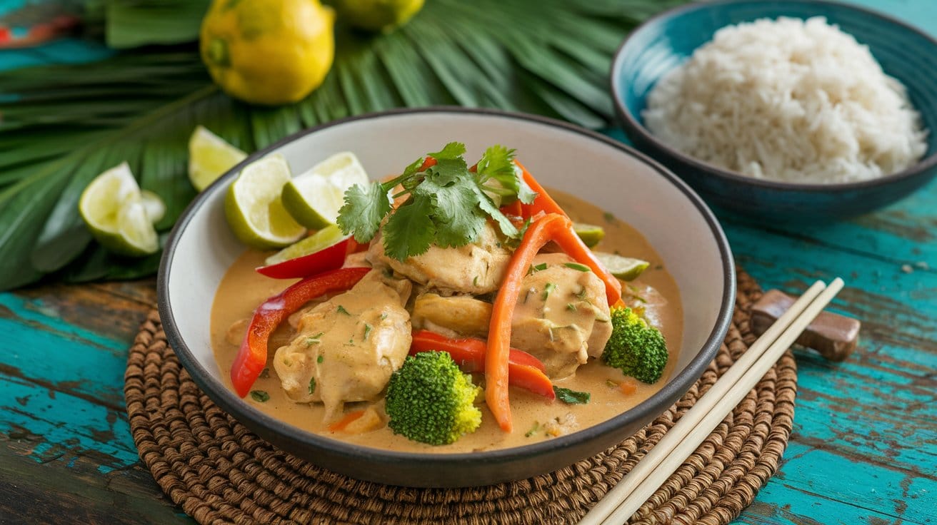 Overhead view of Hello Fresh Thai Coconut Curry Chicken with colorful vegetables, creamy sauce, jasmine rice, and garnished with cilantro and lime slices.