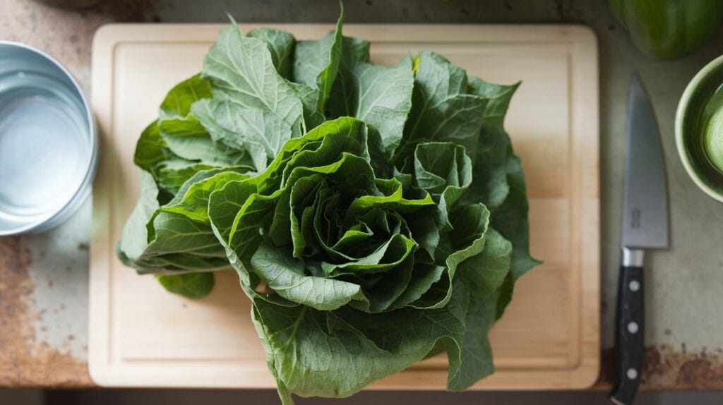 "Freshly harvested green pumpkin leaves arranged on a wooden cutting board, perfect for healthy recipes."