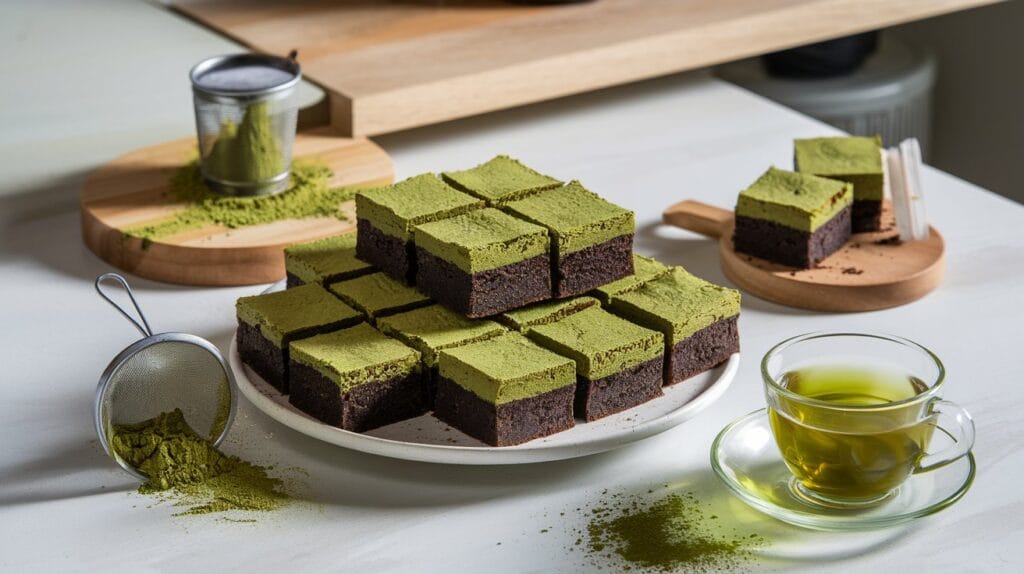 "Single matcha brownie drizzled with white chocolate, dusted with matcha powder, served on a ceramic plate with a fork and a steaming cup of green tea in the background."

