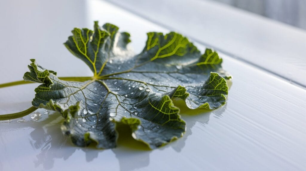 "Close-up of a single pumpkin leaf with visible veins and water droplets highlighting its freshness."