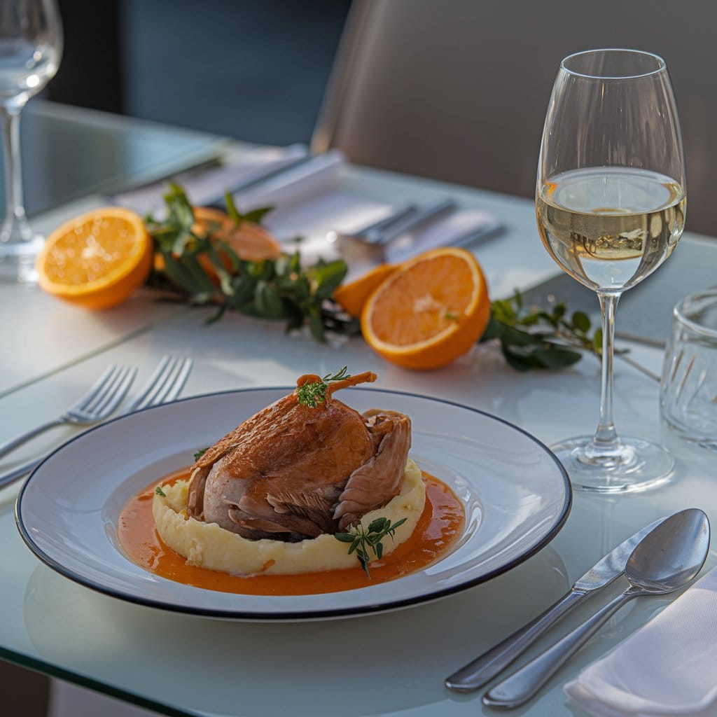 Wild duck à l’orange served with mashed potatoes and citrus garnishes on an elegant dining table.