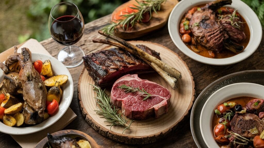 Grilled venison steak with rosemary and roasted vegetables served on a rustic wooden table.