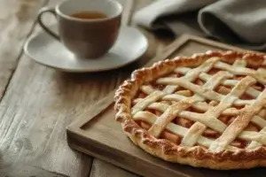 Overhead view of a freshly baked golden-brown apple pie on a rustic table with apple slices and cinnamon sticks.