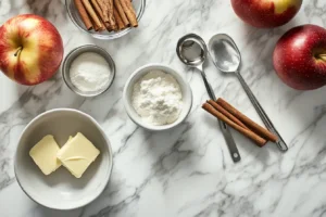 Flat-lay of apple pie ingredients, including fresh apples, flour, sugar, butter, and cinnamon sticks on a marble countertop.