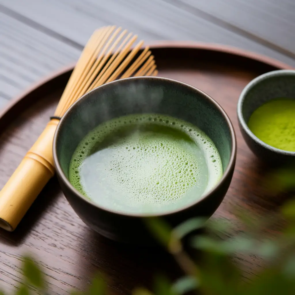 Traditional Japanese tea set with a bowl of frothy matcha, a bamboo whisk, and matcha powder on a wooden tray.