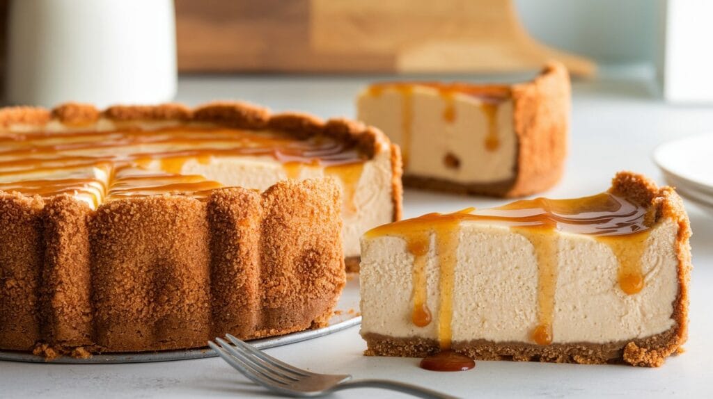 "Golden churro cheesecake with cinnamon sugar crust and caramel drizzle, served on a white plate."