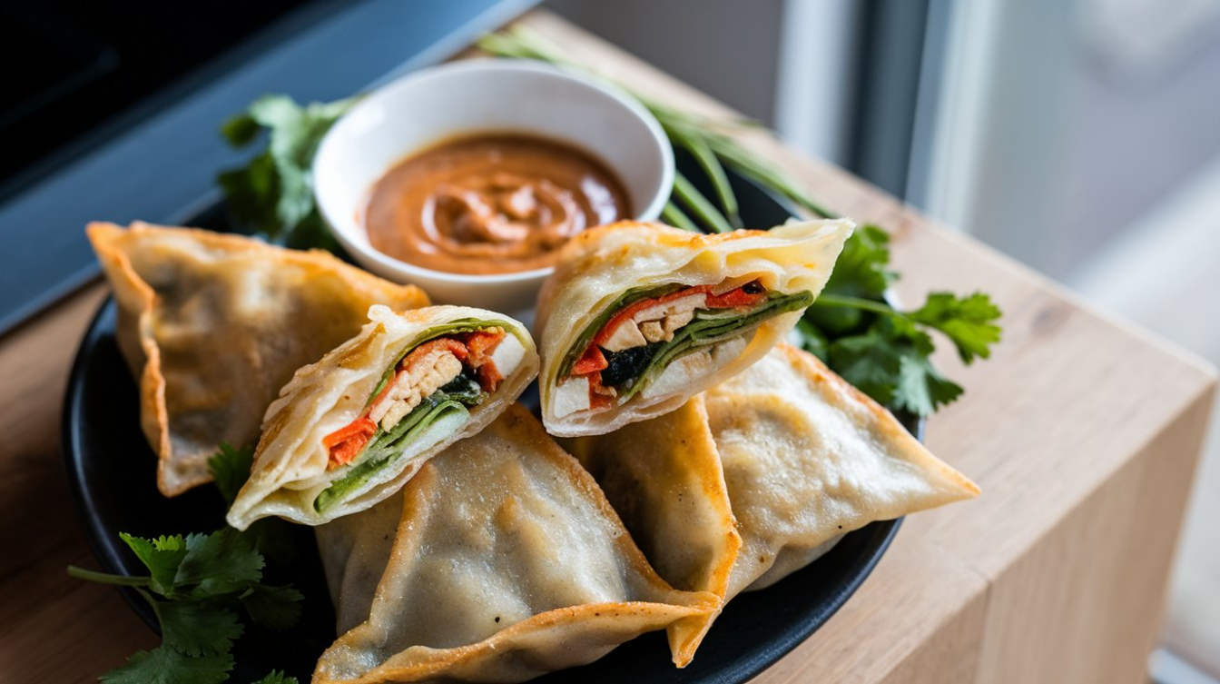 Crispy rice paper dumplings with golden-brown texture and colorful vegetable filling served with peanut dipping sauce.