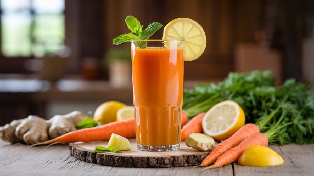 Fresh carrots, a glass of carrot juice, and grated carrots on a marble surface, highlighting the health benefits of carrot juice.