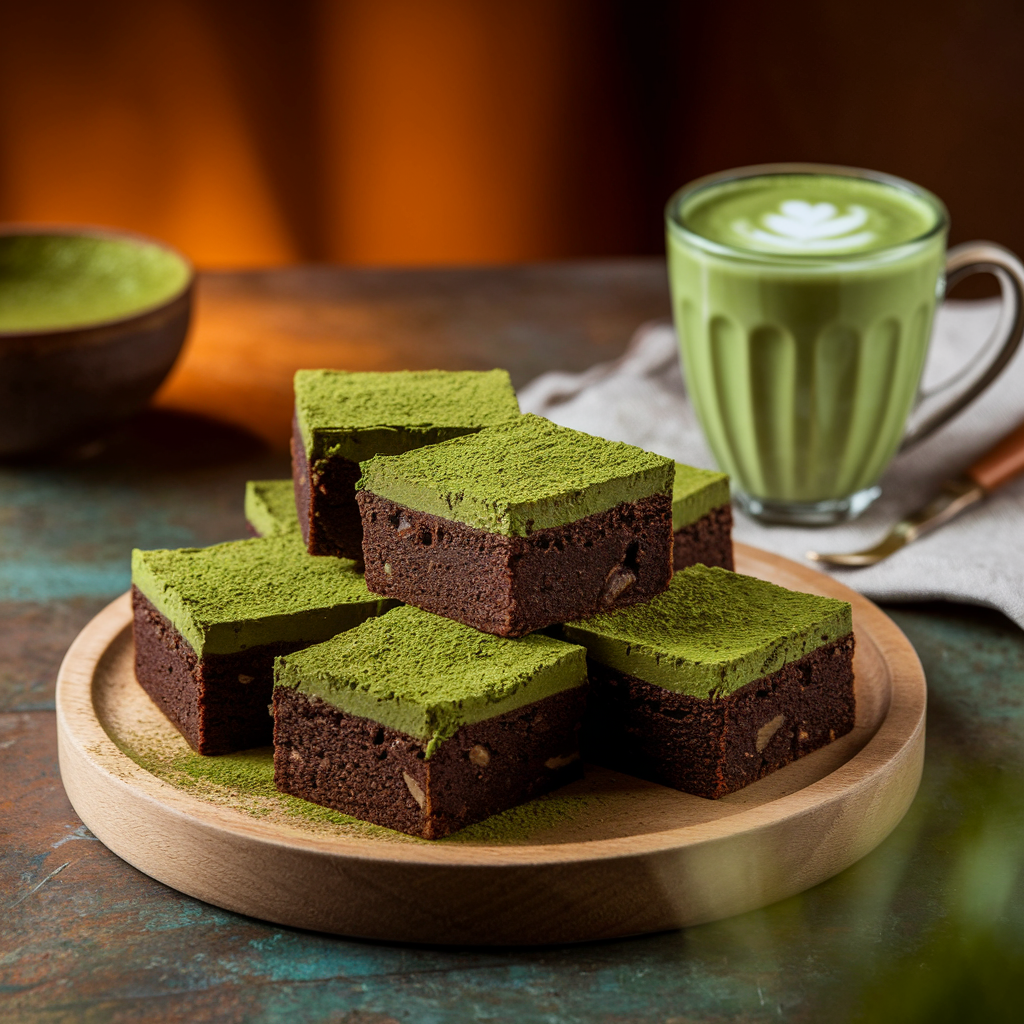 Matcha-flavored brownies dusted with matcha powder, placed on a wooden platter beside a cup of matcha latte.