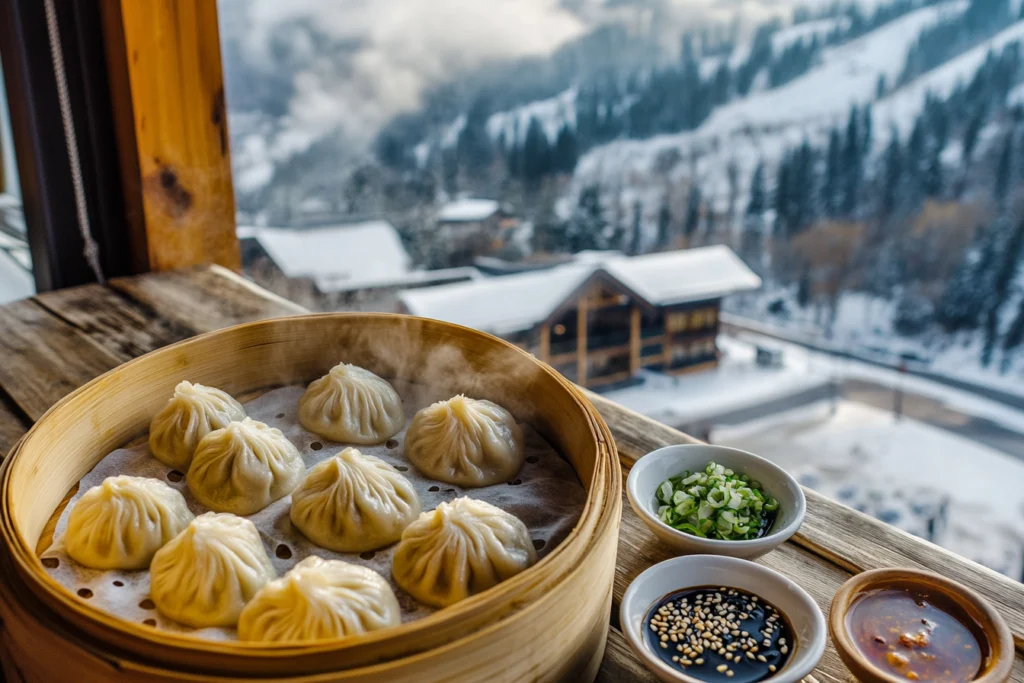 Freshly steamed vegan soup dumplings (Xiao Long Bao) in a bamboo steamer with black vinegar dipping sauce.