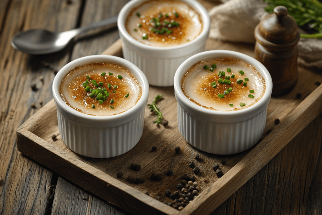 Close-up view of savory Crab Brulee in ramekins, topped with caramelized sugar crust and garnished with chives on a rustic wooden tray.