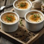 Close-up view of savory Crab Brulee in ramekins, topped with caramelized sugar crust and garnished with chives on a rustic wooden tray.