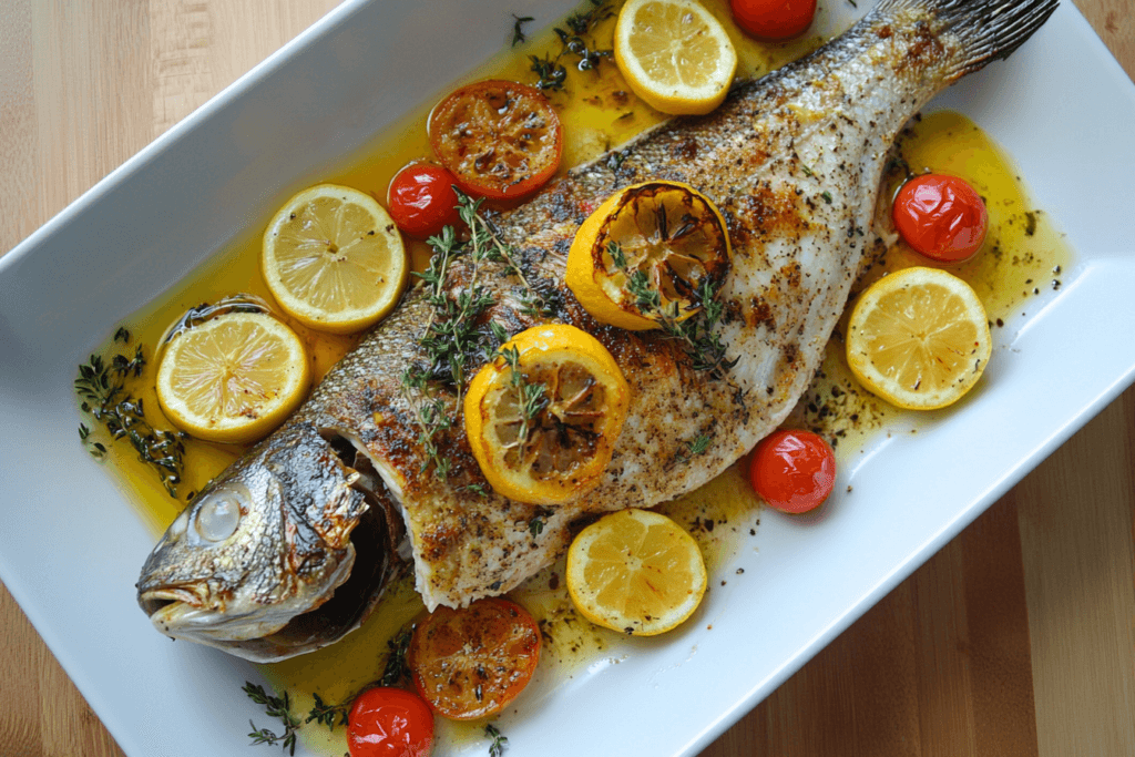 Whole roasted branzino garnished with lemon, cherry tomatoes, and herbs on a white platter.