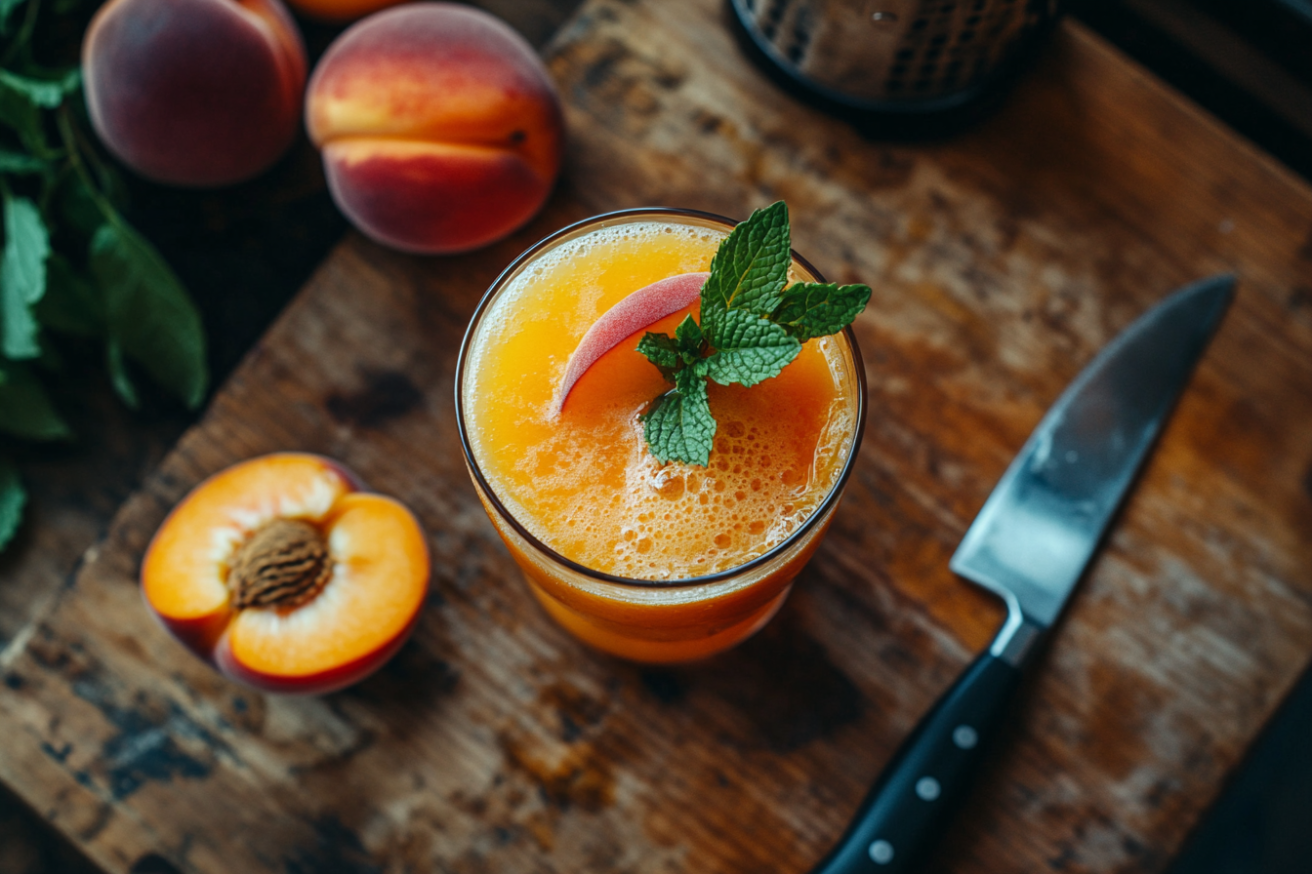 Close-up of a refreshing glass of peach juice garnished with a peach slice and mint on a rustic wooden table.