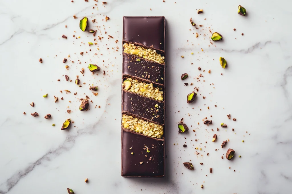 Dubai chocolate bar with glossy dark chocolate, crispy kataifi, and creamy pistachio filling on a marble surface.