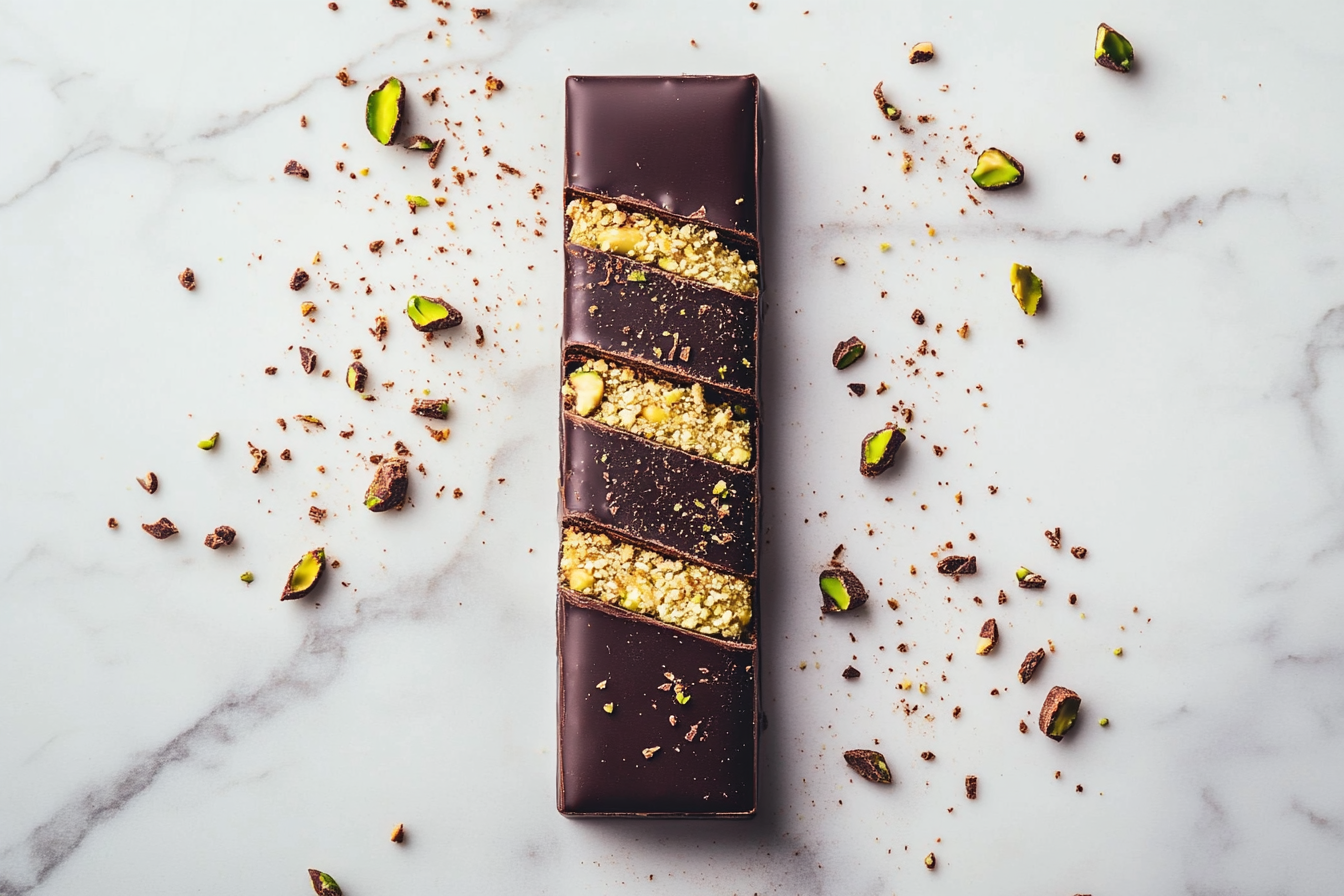 Dubai chocolate bar with glossy dark chocolate, crispy kataifi, and creamy pistachio filling on a marble surface.