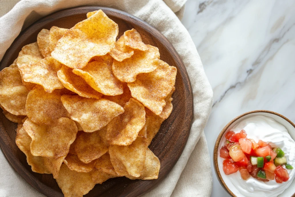 Golden baked cinnamon chips served with whipped cream and fruit salsa on a rustic plate.