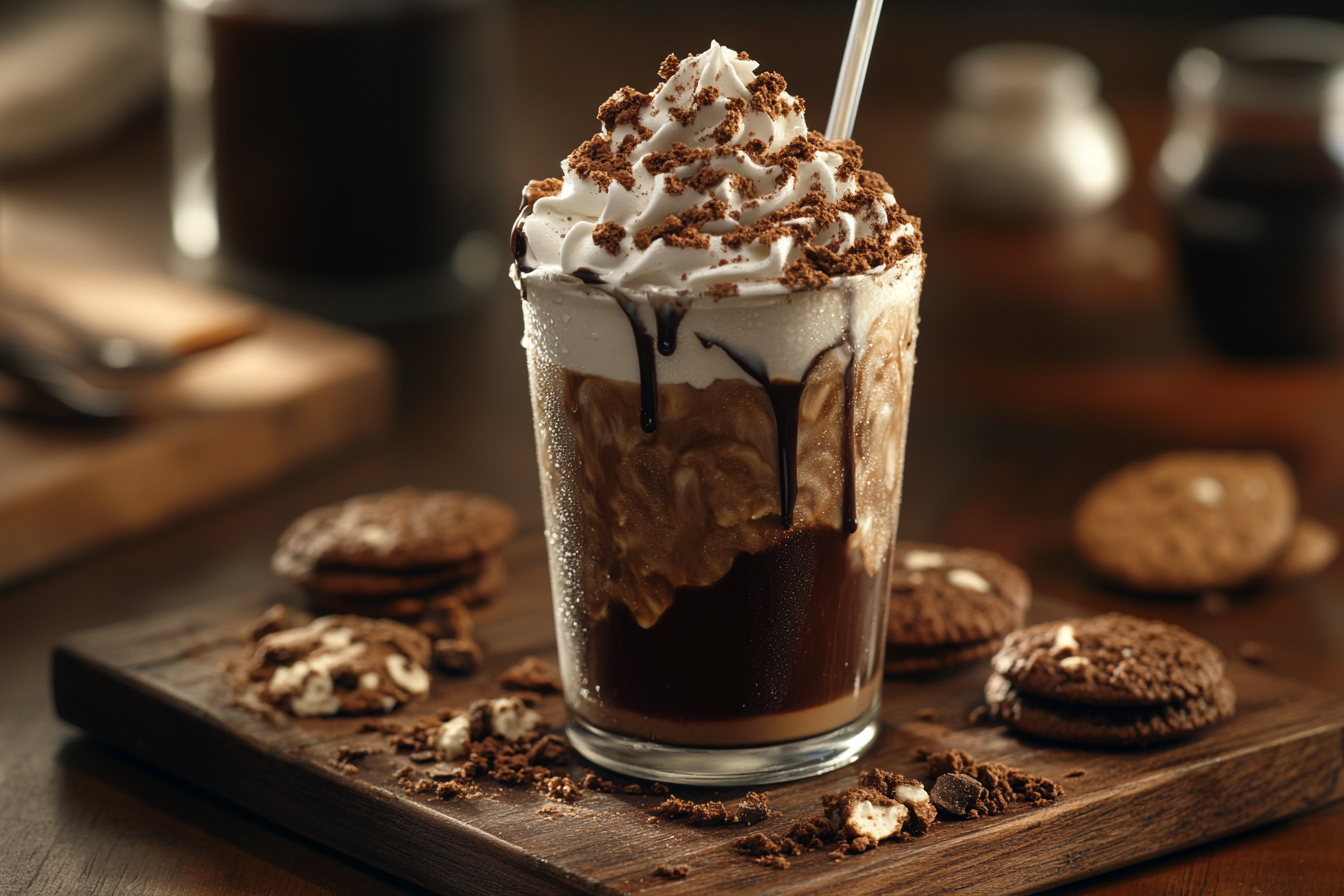 -Tall glass of Cookies N’ Cream Iced Coffee topped with whipped cream and crushed cookies.