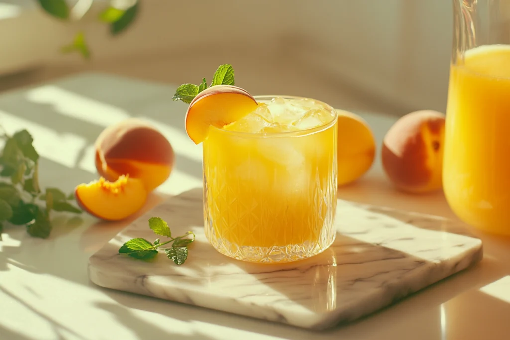 Close-up of a refreshing glass of peach juice garnished with a peach slice and mint on a rustic wooden table.