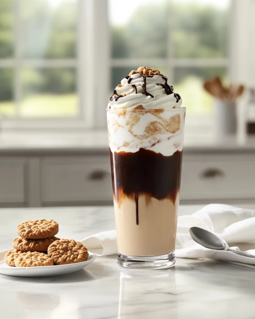 Tall glass of Cookies N’ Cream Iced Coffee topped with whipped cream and crushed cookies.