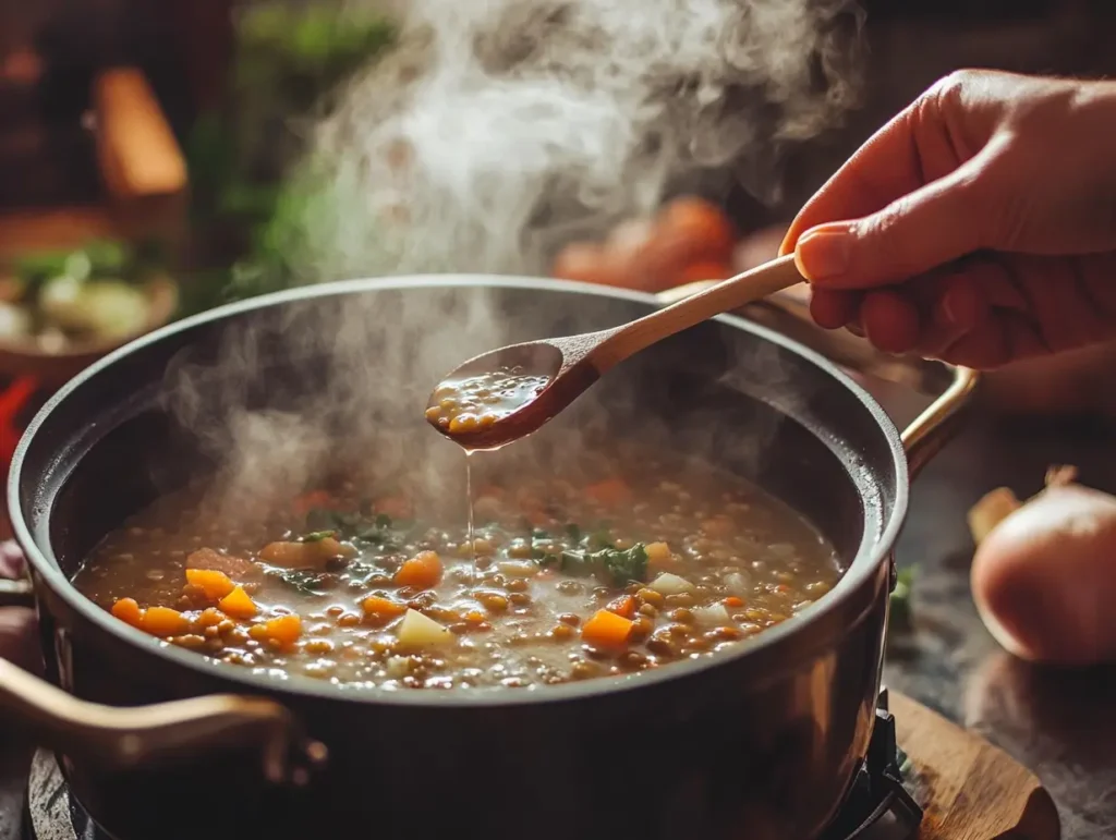 A teaspoon of red wine vinegar being added to a steaming pot of lentil soup, surrounded by fresh ingredients