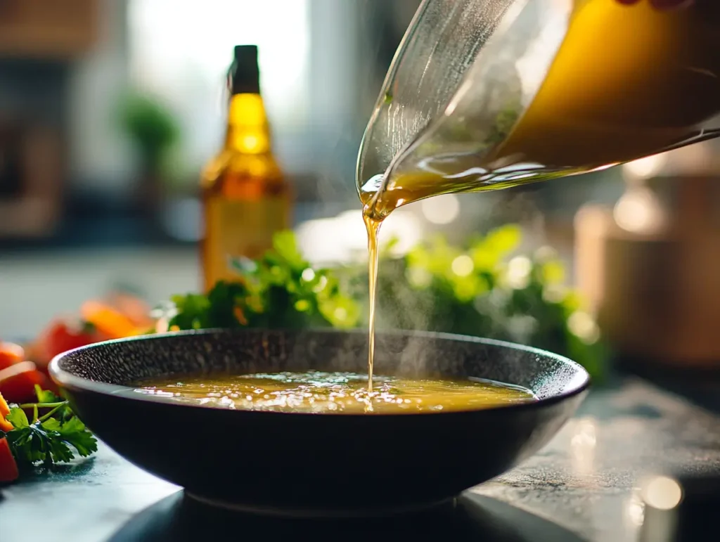 Ladle of chicken broth with apple cider vinegar being poured into a ceramic bowl, surrounded by parsley and fresh ingredients.