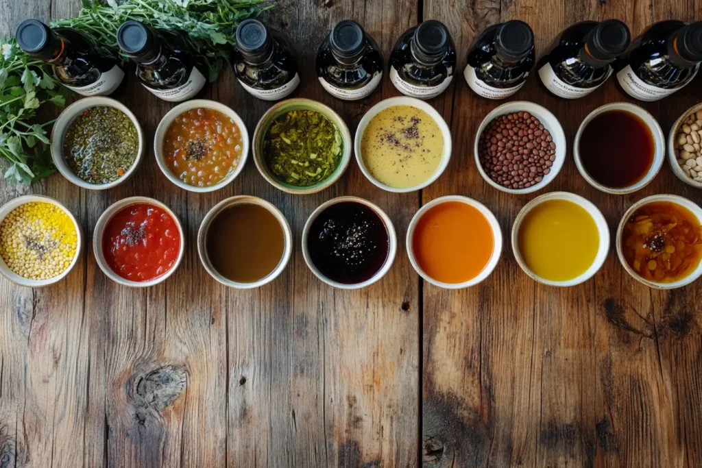 Overhead shot of vinegar bottles paired with labeled soup bowls for tomato, lentil, bone broth, and vegetable soups.