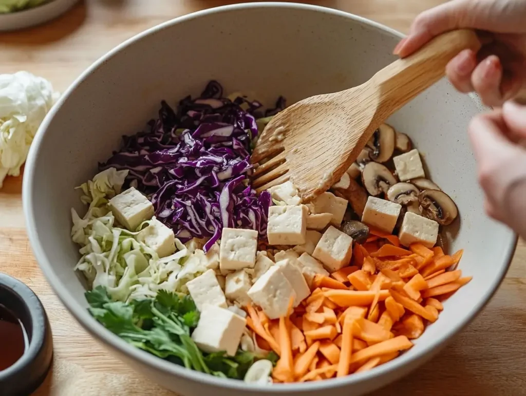 Mixing bowl filled with finely chopped vegetables and tofu being combined with soy sauce and seasonings for dumpling filling.