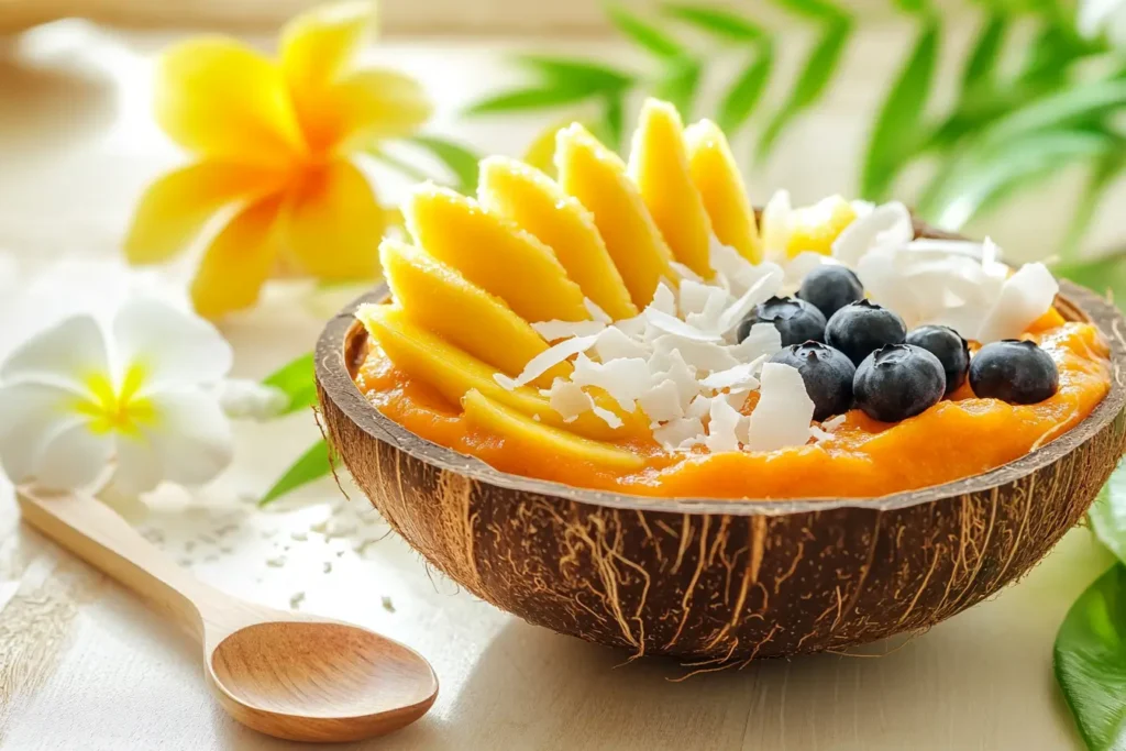 A tropical carrot smoothie bowl with mango, blueberries, and coconut, served in a coconut shell bowl.