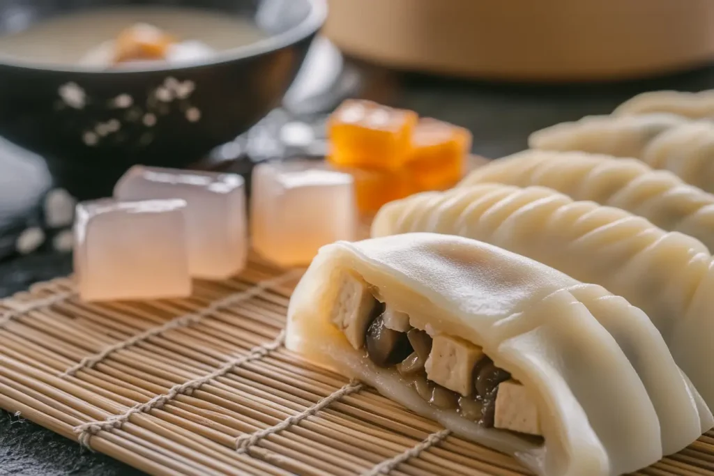 Close-up of hands kneading dumpling dough on a floured wooden surface with ingredients nearby.