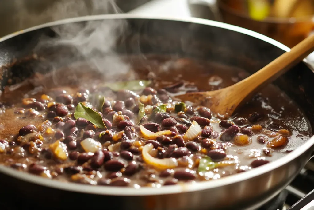 Pot of black beans simmering with onions, garlic, and bay leaves in a rich broth.