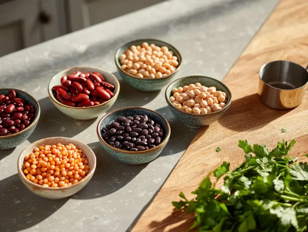 A colorful assortment of uncooked beans in ceramic bowls with fresh herbs and a measuring cup on a wooden countertop. Is it healthy to eat bean soup every day?