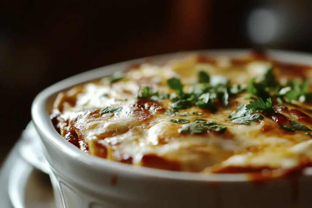 A bubbling burrito casserole with enchilada sauce, melted cheese, and cilantro, served in a white dish.