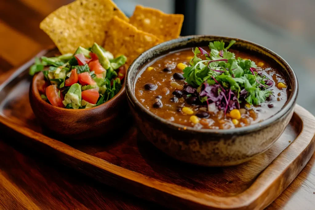 Bowl of black bean soup with cornbread, salad, and tortilla chips on a wooden serving tray.