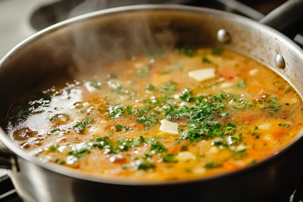 A pot of simmering soup with a Parmesan rind and fresh herbs on a stovetop.