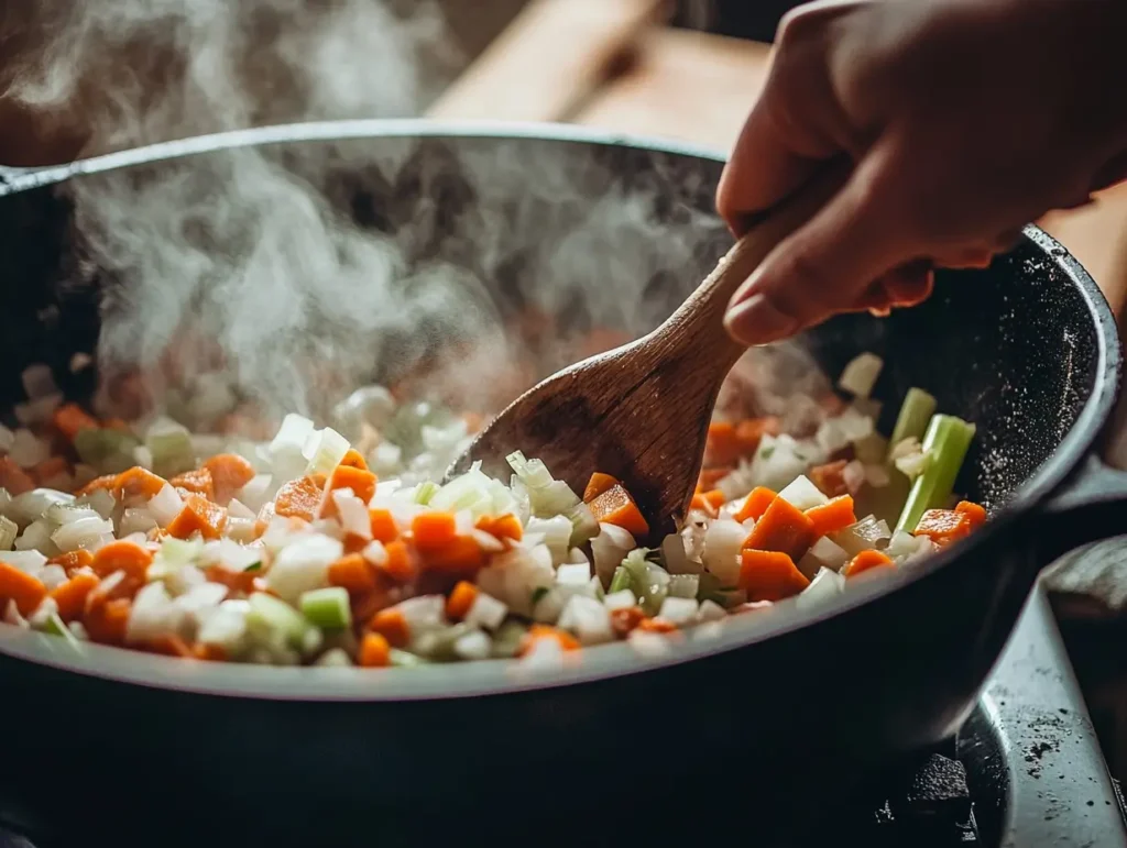 A close-up of onions, carrots, and celery being sautéed in a Dutch oven with olive oil and a wooden spoon.