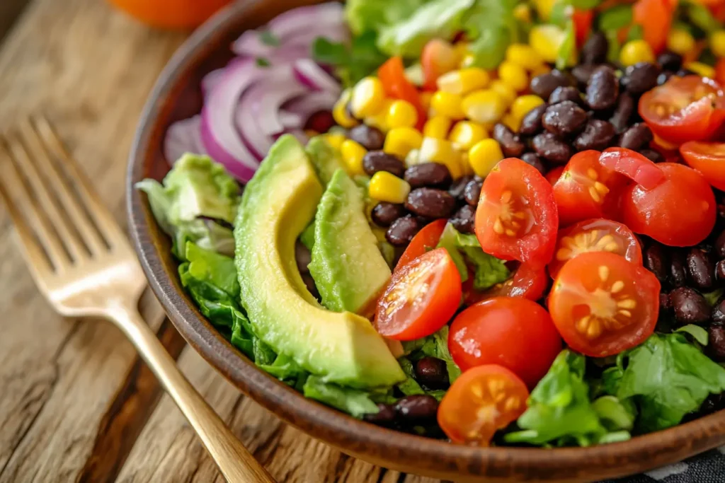 A vibrant black bean salad with avocado, tomatoes, and corn, drizzled with vinaigrette for a healthy lunch option.