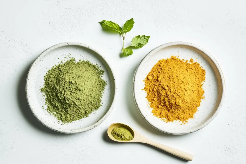 Comparison of two matcha powders, one vibrant green and one dull yellow, displayed on white ceramic plates with a wooden scoop.