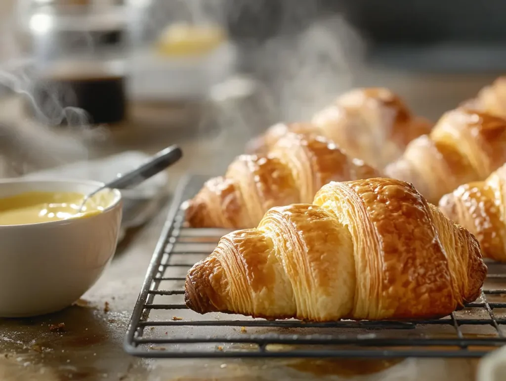 Golden croissants on a cooling rack with a pastry brush and egg wash nearby, steaming fresh.