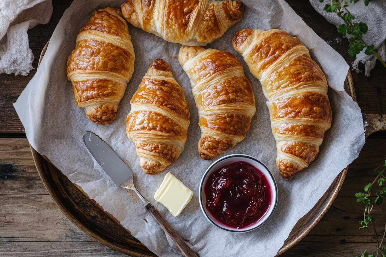 Freshly baked Swiss Gipfeli on a parchment-lined tray with jam and butter knife.