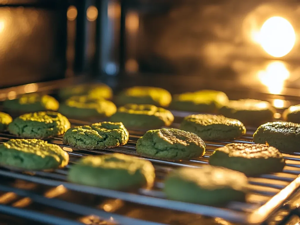 Matcha cookies baking in the oven, with a warm light highlighting the vibrant green color and slight browning edges.