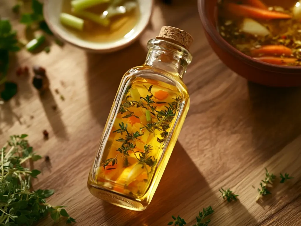 A bottle of apple cider vinegar surrounded by fresh herbs and soup ingredients on a wooden countertop.