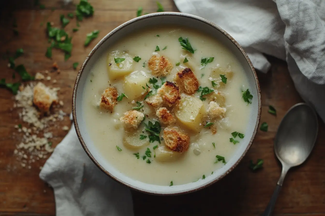 A close-up view of a creamy potato soup garnished with parsley and croutons, served on a rustic wooden table.