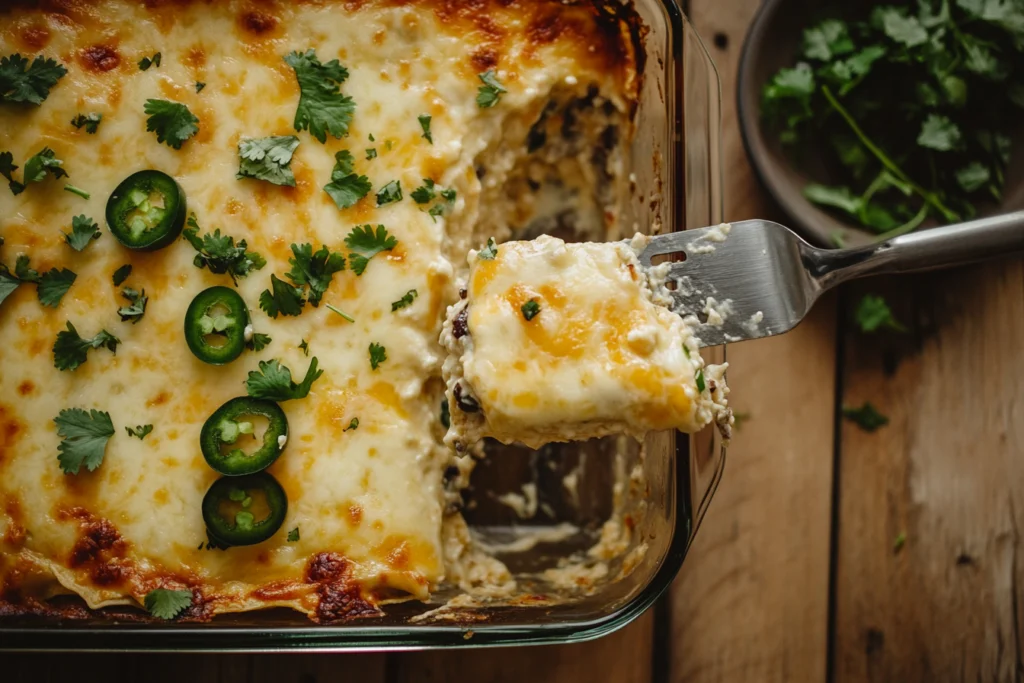 Close-up of a baked frozen burrito casserole topped with melted cheese and garnished with cilantro and jalapeños