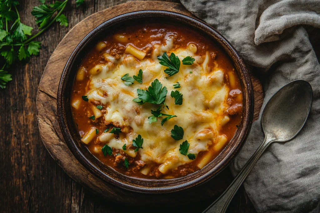 Close-up of a cheesy homemade beefaroni pasta bowl garnished with parsley.