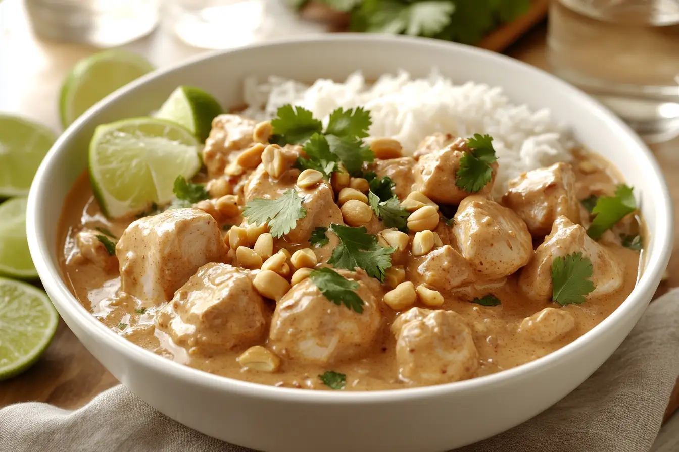 Creamy peanut butter chicken garnished with cilantro, peanuts, and lime wedges in a white bowl.