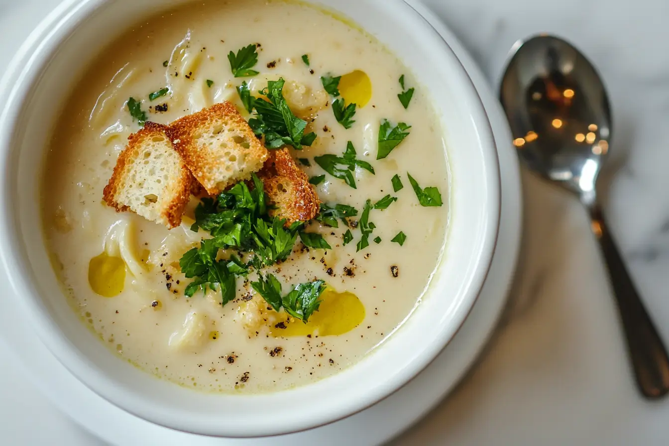 Steaming bowl of vegetable soup with fresh parsley and crusty bread on a rustic table.