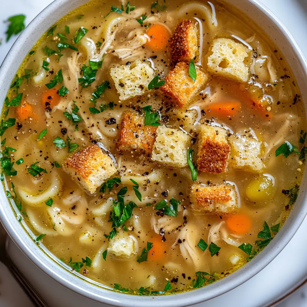 Chicken noodle soup with parsley, olive oil, and croutons, showcasing how to jazz up bland soup with garnishes.